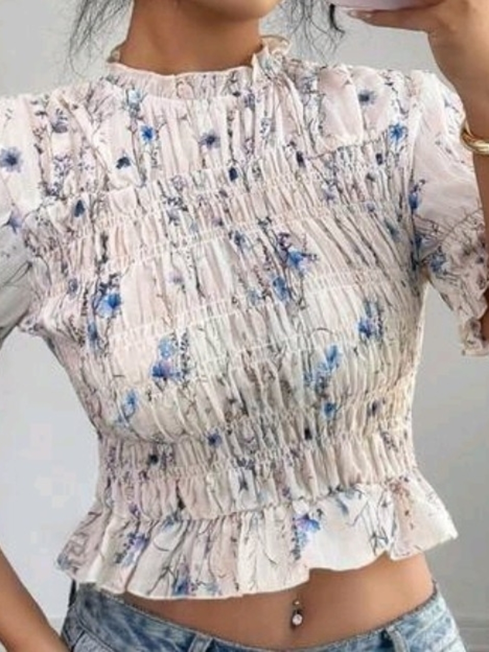 Smocked Floral Crop Top - Light Pink / Blue